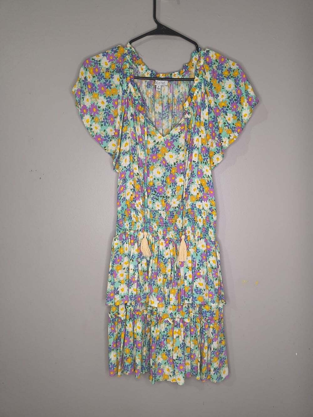 Patrons of Peace Floral Short Sleeve Drop Waist Tie Neck Tiered Casual Dress M